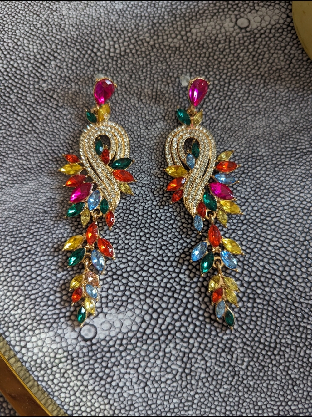 Gold-Tone Multicolor Crystal Drop Earrings - Vibrant Pink, Green, Yellow, Blue